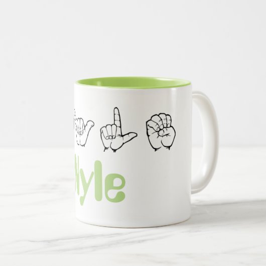 ASL American Sign Language Fingerspsed Nyle Tweekleurige Koffiemok (Voorkant rechts)