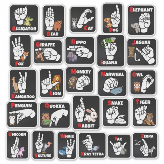 ASL Animal Alphabet Sticker – Educational & Fun (Voorkant)