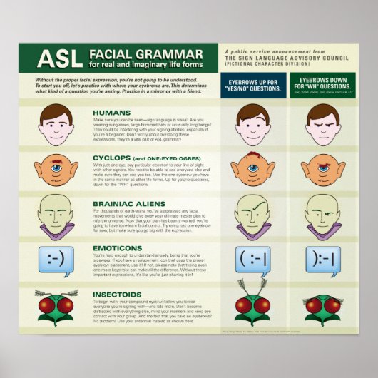 ASL Facial Grammar voor verschillende levensvormen Poster (Voorkant)