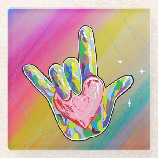 ASL IK HOOR VAN JE Hart Glazen Onderzetter (Voorkant)