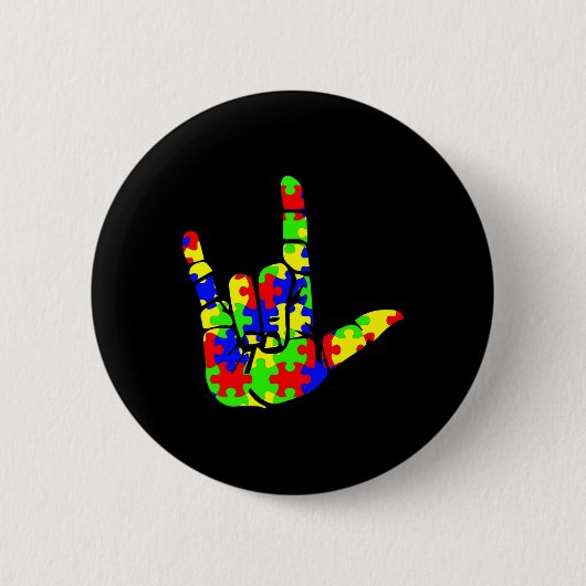 ASL Liefde Hand Taal Puzzel Autisme Awarenes Ronde Button 5,7 Cm (Voorkant)
