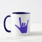 ASL Love hand in blue on mok (Links)