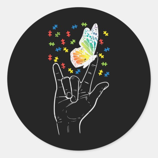 Asl Love Sign Butterfly Puzzle Autisme Awareness S Ronde Sticker (Voorkant)