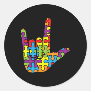 ASL Love Sign Language - Autistic Puzzle Autism Aw Ronde Sticker