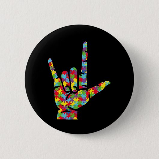ASL Love Sign Language Hand Autism Awareness Puzzl Ronde Button 5,7 Cm (Voorkant)