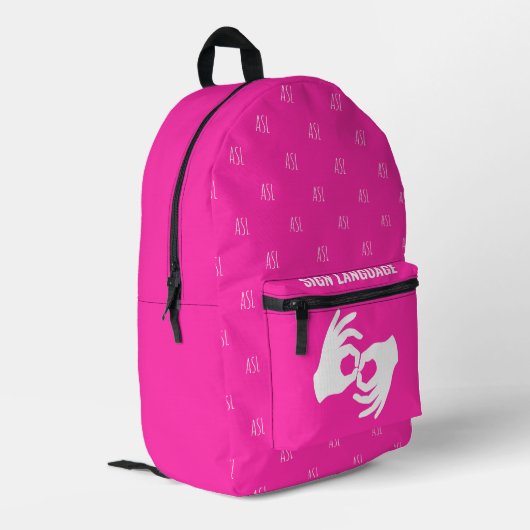 ASL Sign Language Backpack – Hot Magenta Bedrukte Rugzak (Achterkant Hoek Links)