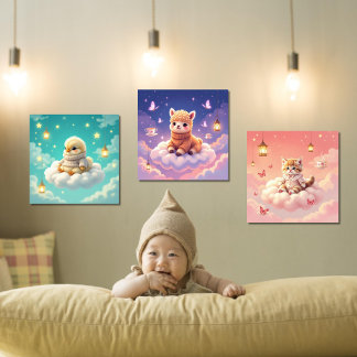 ASMR Alpaca, Chick, Kitten Wall Art Set van 3