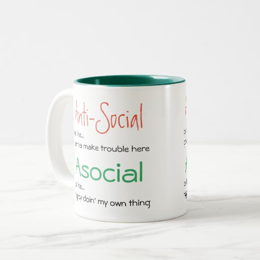 Asociaal niet asociaal: positieve introverte sloga tweekleurige koffiemok (Voorkant links)