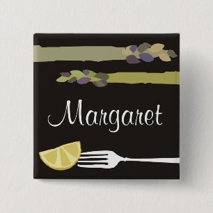 Asparagus fork lemon culinaire name tag badge vierkante button 5,1 cm