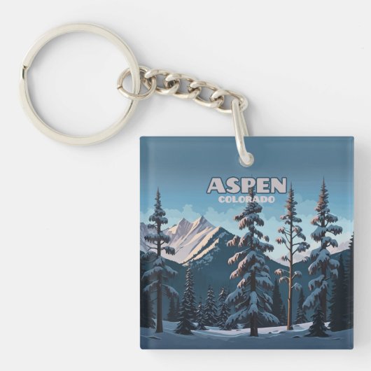 Aspen Colorado Trees Snow Mountains Retro Sleutelhanger (Voorkant)