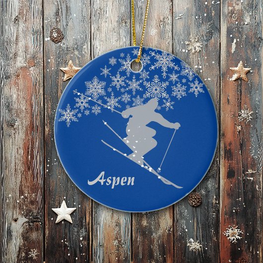 Aspen Snowflake Skier Persoonlijk Keramisch Ornament