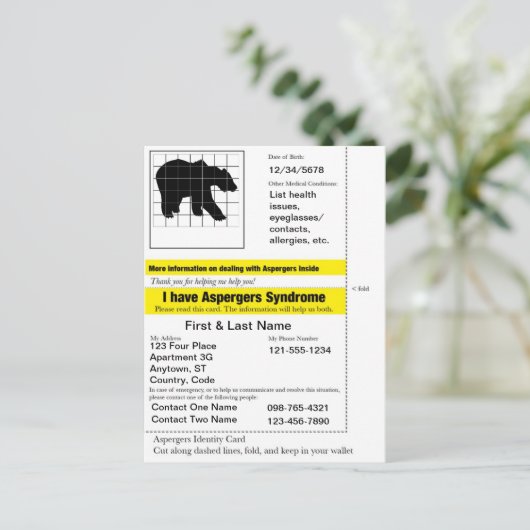 Asperger Emergency Kaart (Staand voorkant)