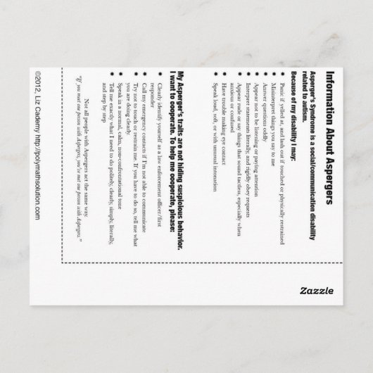 Asperger Emergency Kaart (Achterkant)