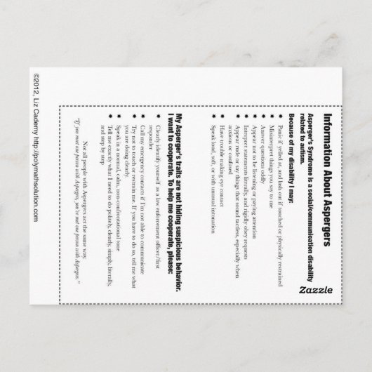 Aspergers Information Kaart v.2.0 (Achterkant)