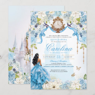Assepoester Blauw Goud Elegant Prinses Quinceanera Kaart