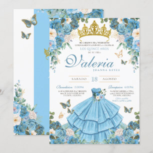 Assepoester Blauw Goud Elegant Prinses Quinceañera Kaart