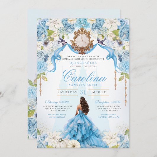 Assepoester Blauw Goud Luxe Prinses Quinceanera Kaart (Voorkant / Achterkant)