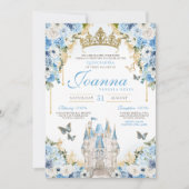 Assepoester Blauw Goud Prinses Kasteel Quinceanera Kaart (Voorkant)