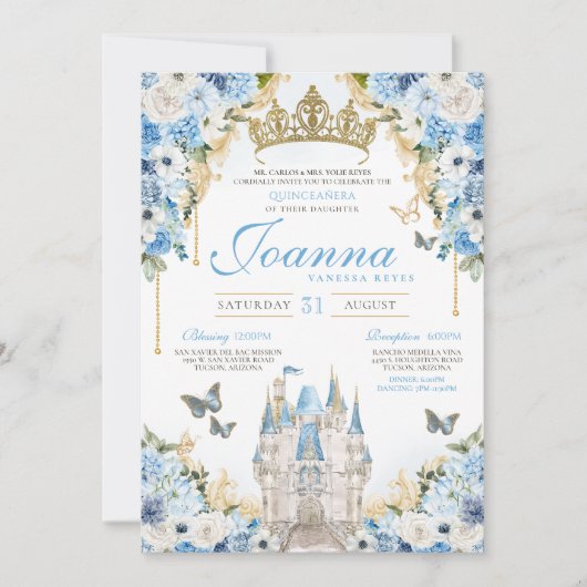 Assepoester Blauw Goud Prinses Kasteel Quinceanera Kaart (Voorkant)