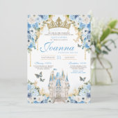 Assepoester Blauw Goud Prinses Kasteel Quinceanera Kaart (Staand voorkant)
