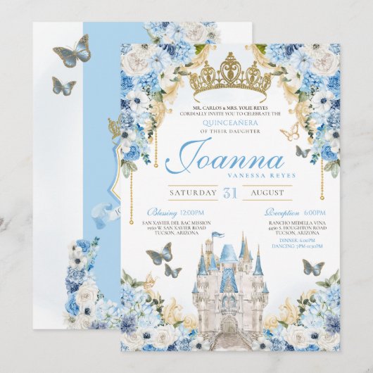 Assepoester Blauw Goud Prinses Kasteel Quinceanera Kaart (Voorkant / Achterkant)