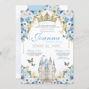 Assepoester Blauw Goud Prinses Kasteel Quinceanera Kaart