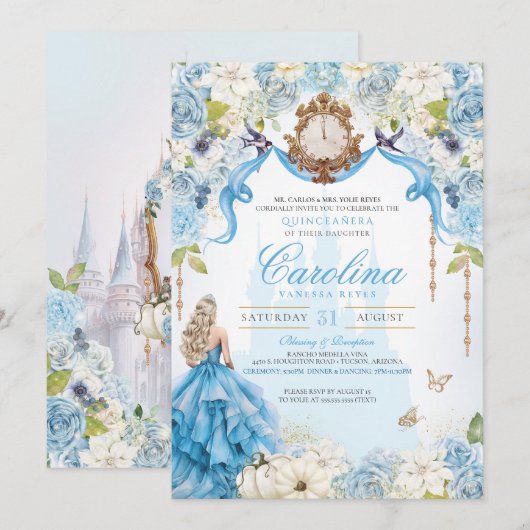 Assepoester Blauw & Goud Prinses Luxe Quinceanera Kaart (Voorkant / Achterkant)