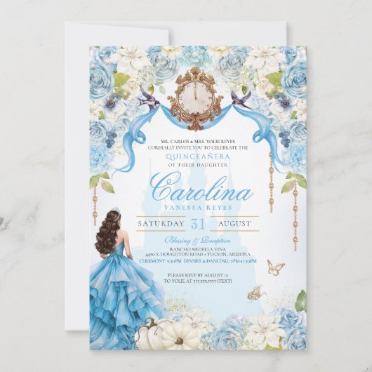 Assepoester Blauw & Goud Prinses Luxe Quinceanera Kaart (Voorkant)