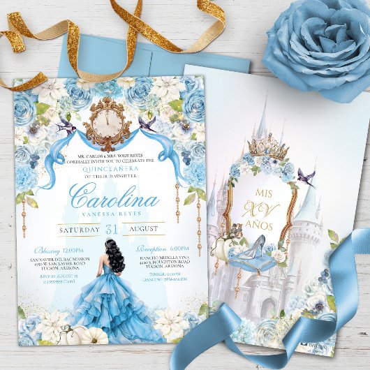 Assepoester Blauw Roos Luxe Prinses Quinceanera Kaart