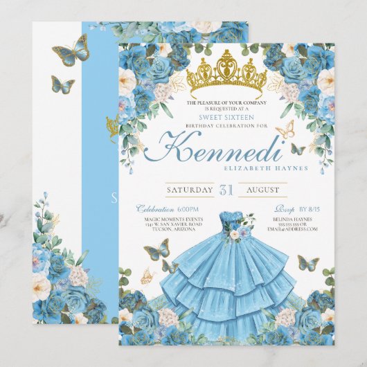 Assepoester Blauw Roos Vlinder Prinses Zoet 16 Kaart (Voorkant / Achterkant)