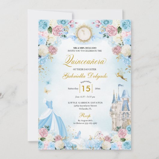 Assepoester Blauw & Roze Sprookje Quinceanera Kaart (Voorkant)