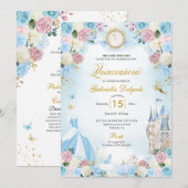 Assepoester Blauw & Roze Sprookje Quinceanera Kaart (Voorkant / Achterkant)