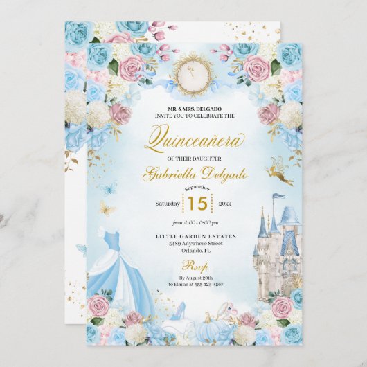 Assepoester Blauw & Roze Sprookje Quinceanera Kaart (Voorkant / Achterkant)