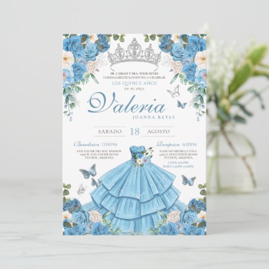 Assepoester Blauw Zilver Elegant Prinses Quinceañe Kaart (Staand voorkant)