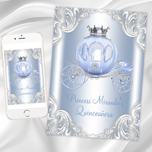 Assepoester Blauw Zilver Prinses Quinceanera Kaart
