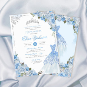 Assepoester Blauw Zilver Roos Prinses Quinceanera Kaart