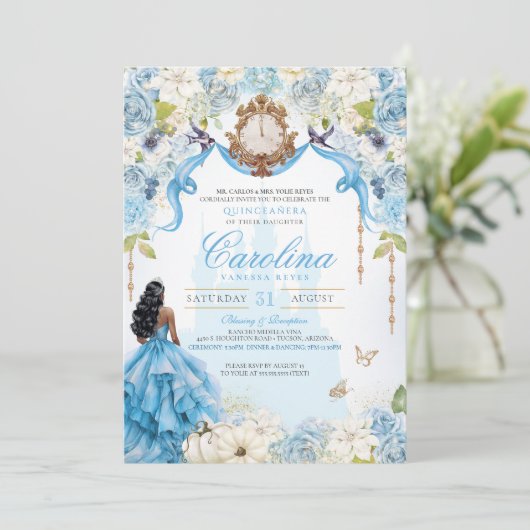 Assepoester Elegant Blauw Roos Prinses Quinceanera Kaart (Staand voorkant)