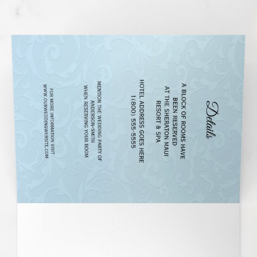 Assepoester Elegant Blue Trifold Wedding Programme Drieluik Uitnodiging (Binnenzijde eerst)