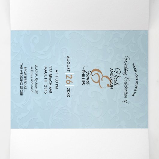 Assepoester Elegant Blue Trifold Wedding Programme Drieluik Uitnodiging (Binnenkant midden)