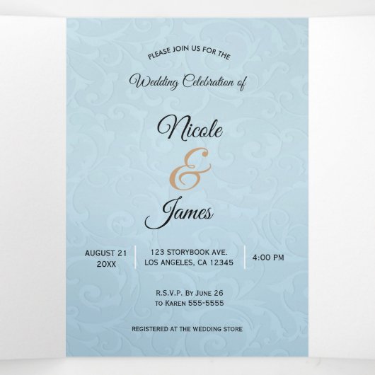 Assepoester Elegant Blue Trifold Wedding Programme Drieluik Uitnodiging (Binnenkant midden)