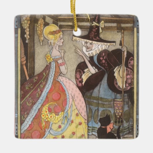 Assepoester en keiharde godmoeder, feiharde schil keramisch ornament (Voorkant)