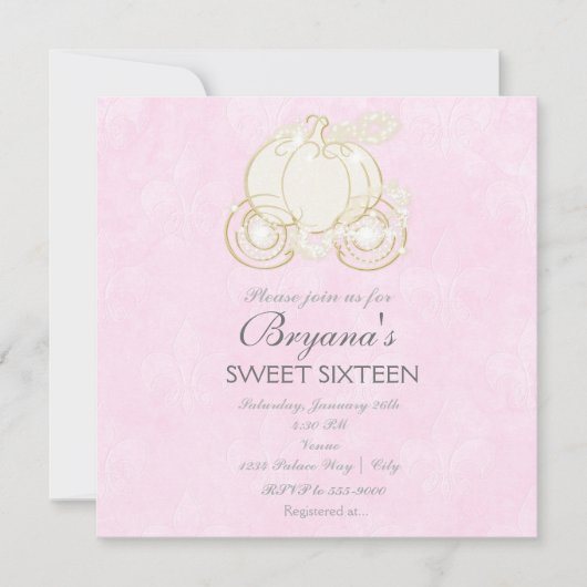 Assepoester Gouden Koets Roze Prinses Uitnodiging (Voorkant)