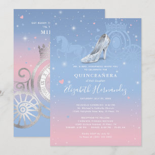 Assepoester Lichtblauw en Roze Quinceanera Kaart