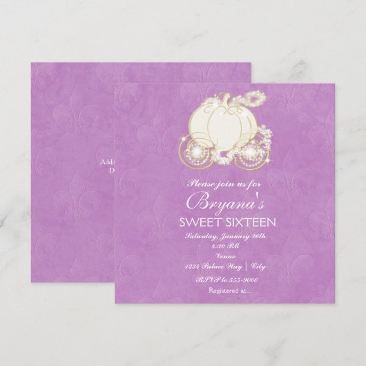 Assepoester Paarse Prinsessenkoets Uitnodiging (Voorkant / Achterkant)