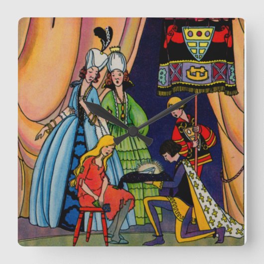 Assepoester, prins en glazen slipper vierkante klok (Voorkant)