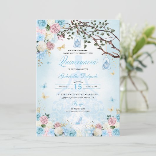 Assepoester prinses betoverde tuin quinceanera kaart (Staand voorkant)