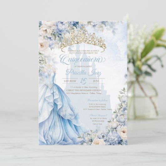 Assepoester Prinses Blauw Sprookje Quinceañera Kaart (Staand voorkant)
