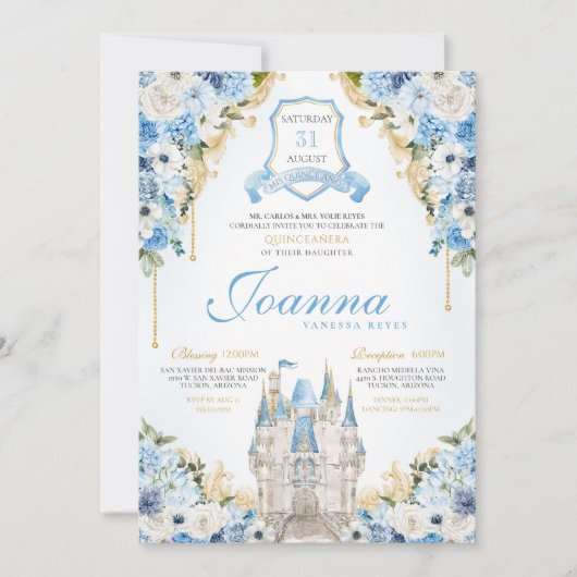Assepoester Prinses Kasteel Lichtblauw Quinceanera Kaart (Voorkant)