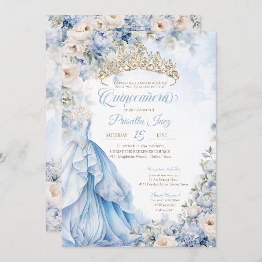 Assepoester Prinses Lichtblauw Goud Quinceañera Kaart (Voorkant / Achterkant)