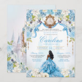 Assepoester Quinceañera Blauw Goud Luxe Verjaardag Kaart (Voorkant / Achterkant)
